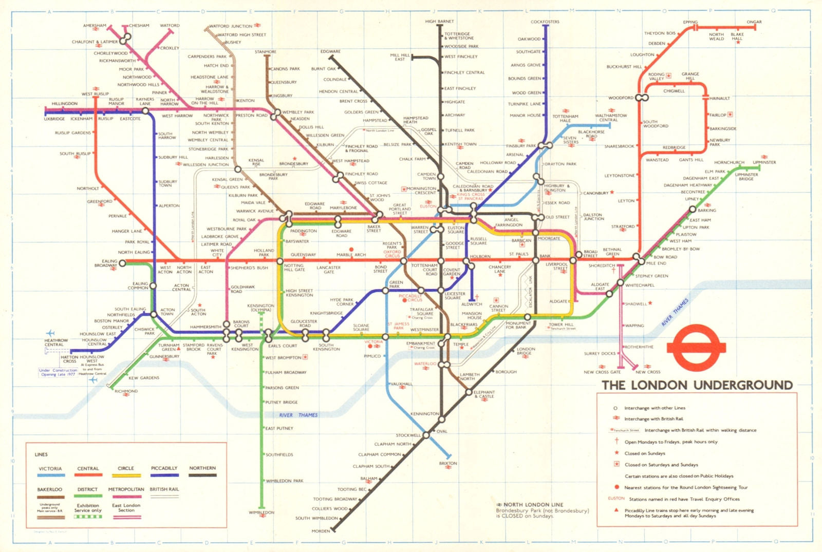 LONDON UNDERGROUND tube map. Under construction to Heathrow. GARBUTT #1 1977